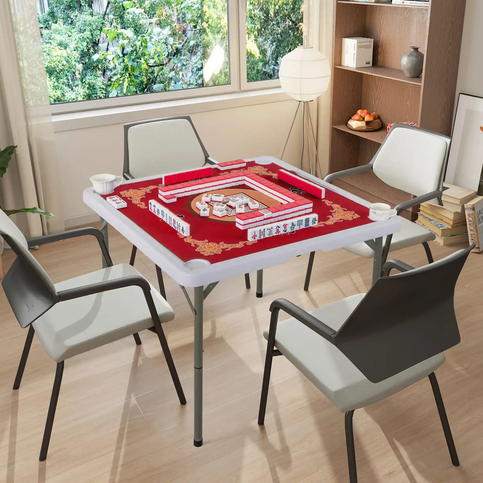 ERGOMASTER 90CM Folding Mahjong Table 4 Player Game Card Table w/Cup Holders-Red